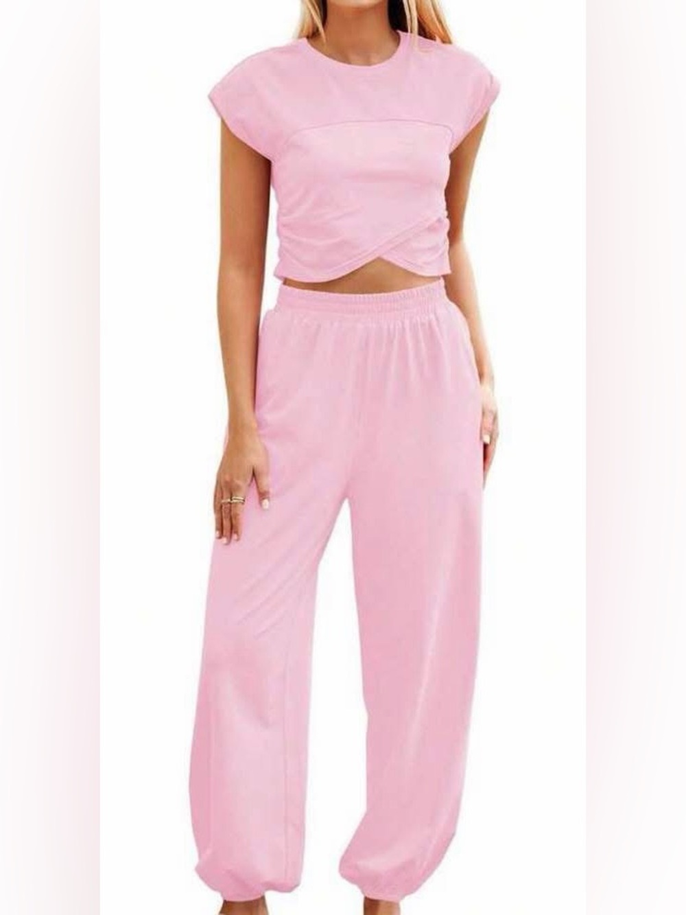 Women’s Elastic-Waist Wide Leg Pants in Light Pink with top